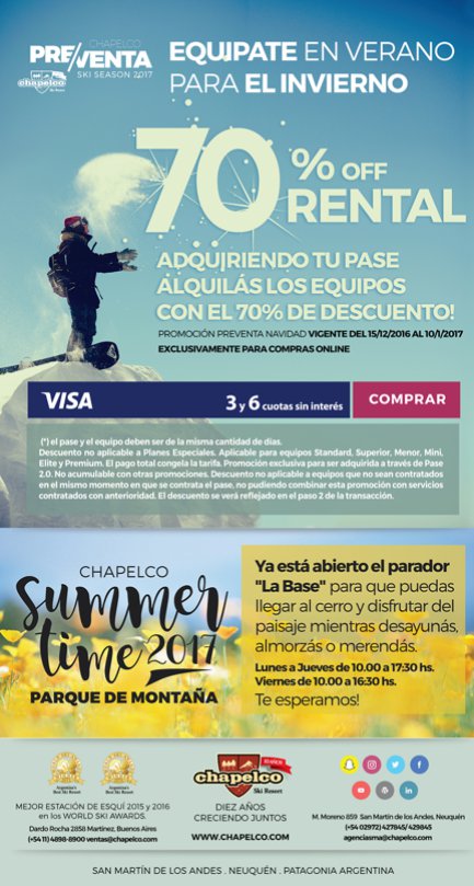 Chapelco lanza su preventa de Navidad. Los pases para el invierno 2017 vienen con una promoción en&nbsp;equipos!